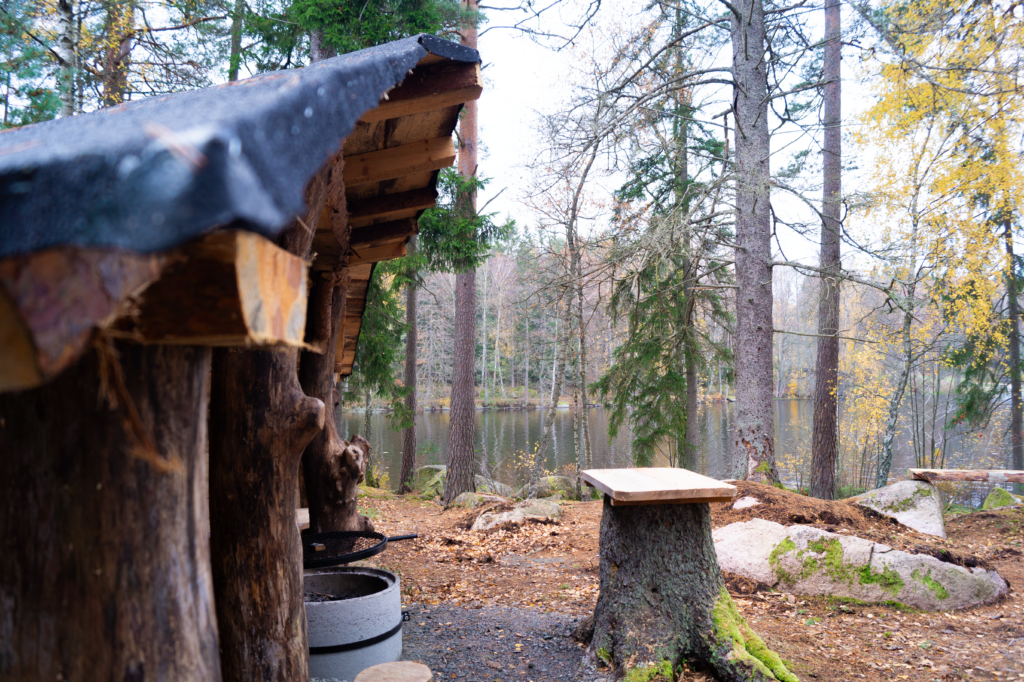 idyllisk översiktsbild med vindskydd i trä i kanten av bilden omgivet av skogen och utsikt över sjön i en romantisk höstscen.