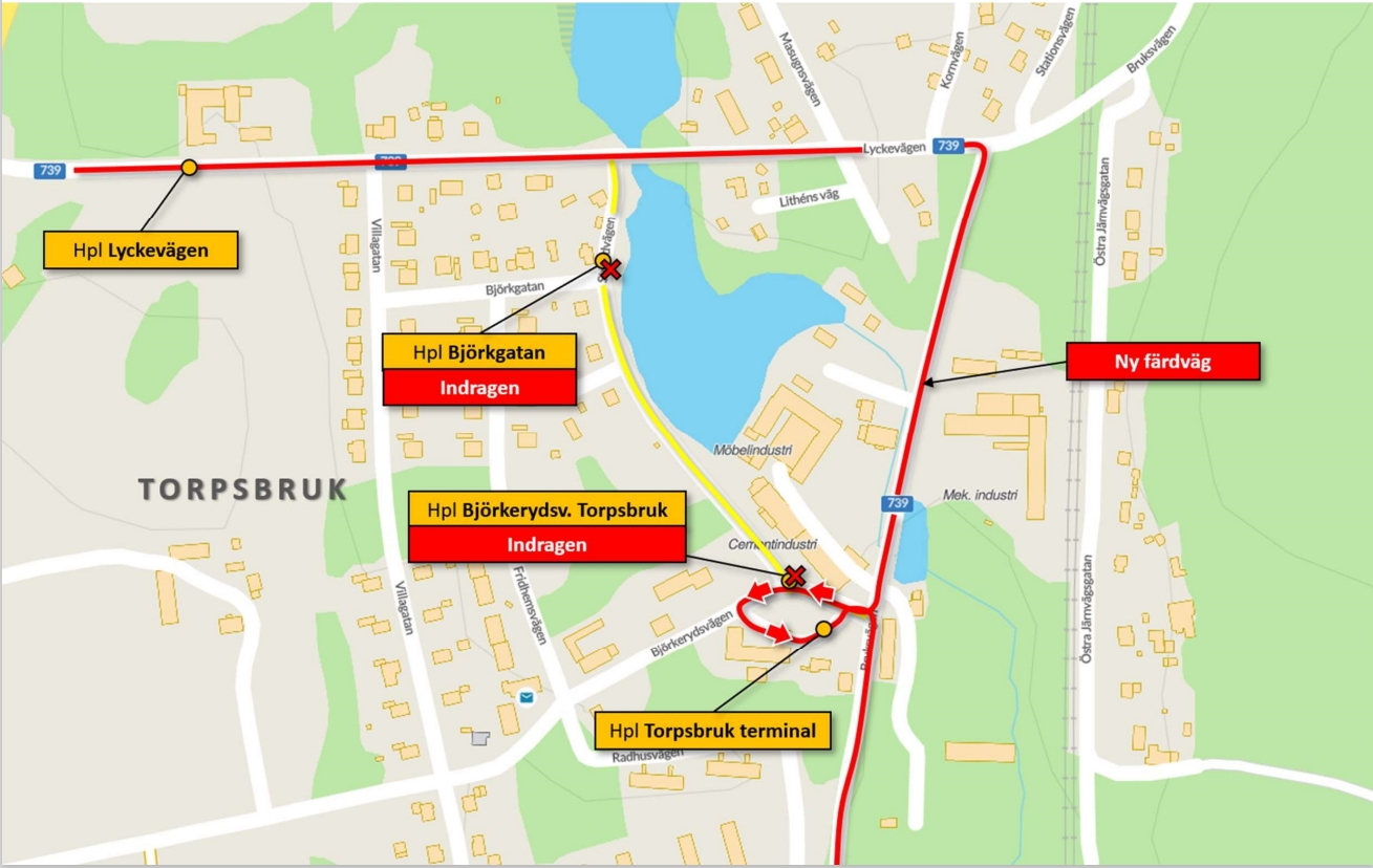 Karta som visar bussarnas nya färdväg längs Bruksvägen och Lyckevägen i Torpsbruk. Det i stället för längs Strandvägen.