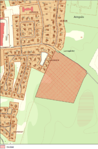 Illustrerad kartbild som visar området där skolan planeras att byggas. Intill och söderom Gemlavägen och intill nuvarande bostadsområde.