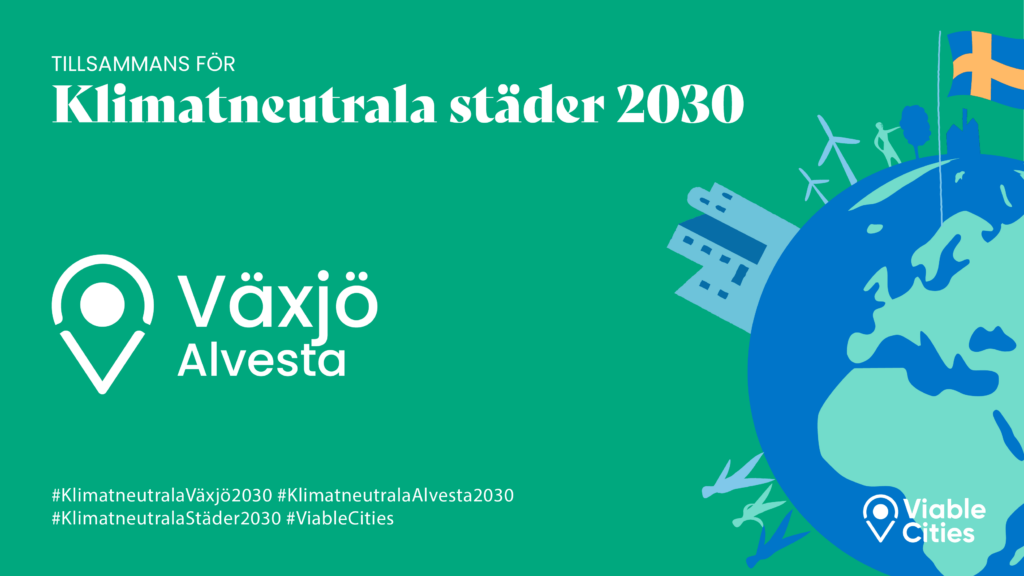 Grafik på jordglob med städer, skog och svenska flaggen. På bilden står det "Klimatneutrala städer 2030 Växjö Alvesta."